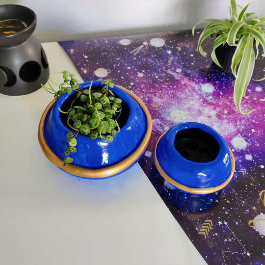Plant Pot For Houseplants, Handmade Planet Pot, Succulents & Cacti in Blue Gold. Indoor Planter Or Decorative Home Decor Space