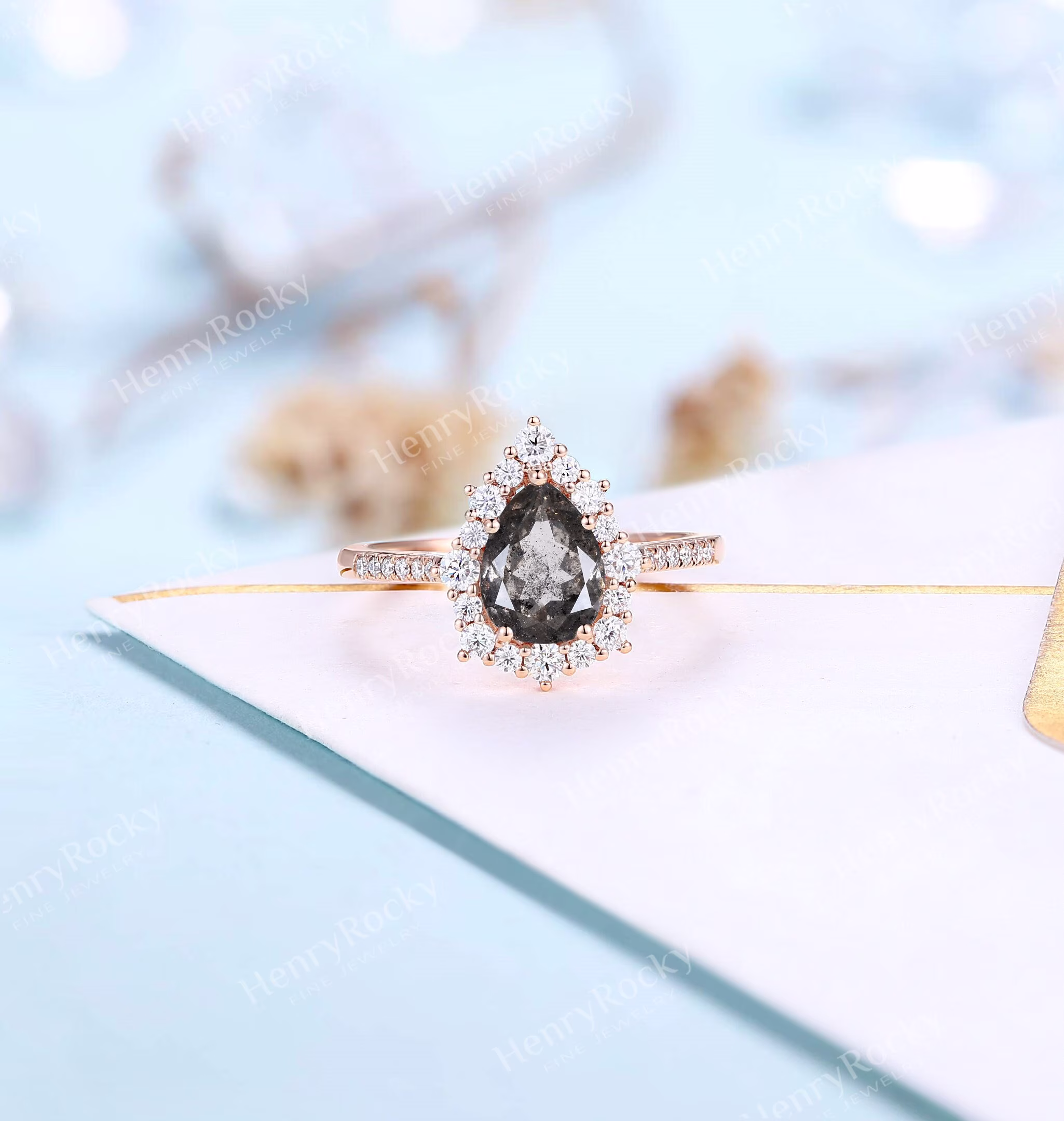 Vintage Salt & Pepper Diamond Engagement Ring | Pear Shaped Ring Rose Gold Wedding Half Eternity Art Deco Anniversary