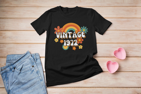 50Th Birthday T-Shirt Flower Power Vintage 1972 Born in The 1970S 70S Inspired Groovy Retro Ladies Mum Mummy Mother Summer Top