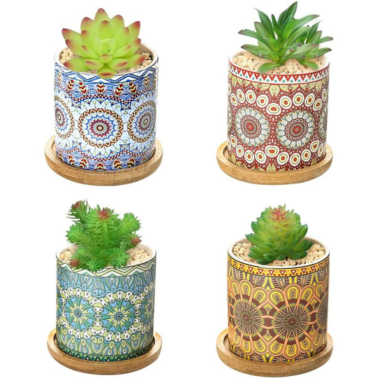 4 Pieces Succulent Pot Mandala Pattern Ceramic Pot Small Plant with Tray Mini Flowerpot for Balcony Home Office Deco (4 pieces)