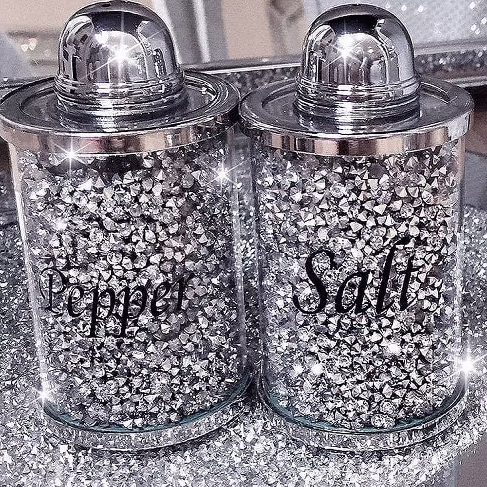 Silver Crushed Diamond Diamante Crystal Filled Salt & Pepper Shakers Mill Canister Jar Kitchen Storage Dining Decor Gift Bling Sparkle