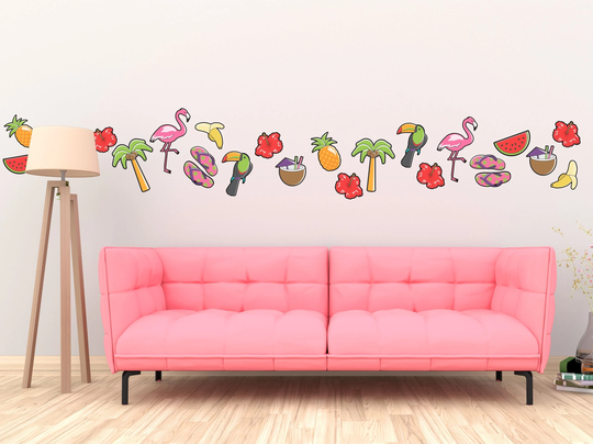 Tropical Theme Wall Stickers Pack Flamingo Toucan Pineapple Cocktail Decal Art Banana Melon Hibiscus Holiday Trendy Flip Flops Beach Coconut