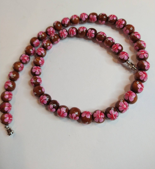 Vintage Handpainted Pink Hibiscus Flower Wooden Bead Hawaiian Necklace