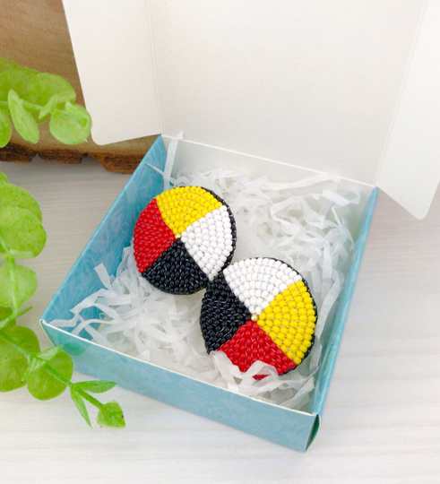 Native Medicine Wheel Style Earrings Stud Beadwork Boho White Yellow Red Black Beaded Rosette Jewelry Circle