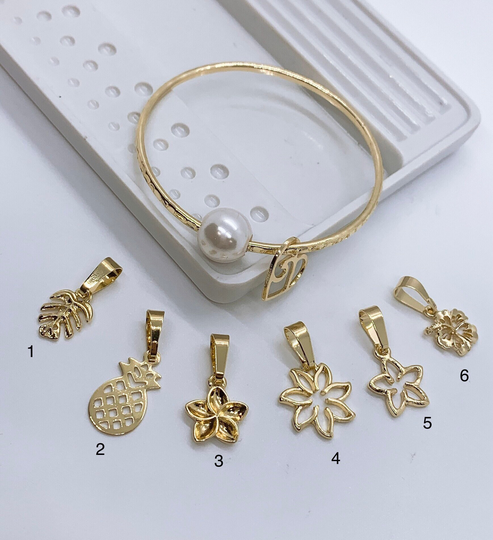 straight Bangle With Heart Wave Charm & White Shell Pearl Add On Plumeria Pineapple Tiare Monstera Leaf Hibiscus