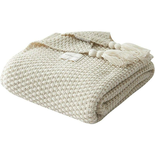 Bearsu - Knit Blanket Plaids Sofa Bedspread Table Mat Soft Warm Nordic Bed Throws with Handmade Fringe for Beach Picnic All Seasons (Beige, 70 x