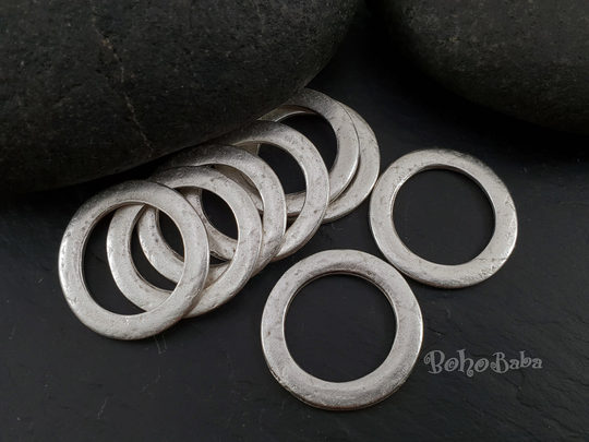 Silver Hoop, Loop Circle Pendant, Organic Hoop Rings, Connector, Large Flat Closed Ring, Ring Charm, 4 Pc