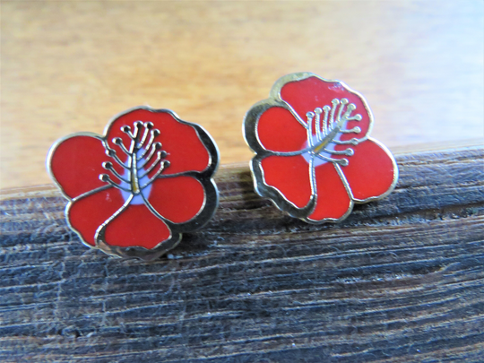 Laurel Burch Hibiscus Bright Red Purple Gold Tone Studs