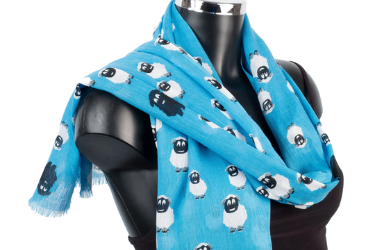 Sheep Scarf, Lambs Pashmina, Powder Blue Cotton Wrap, Cartoon Sheep, Farm Animals Scarf , Fair Trade Lightweight Scarves For Girls