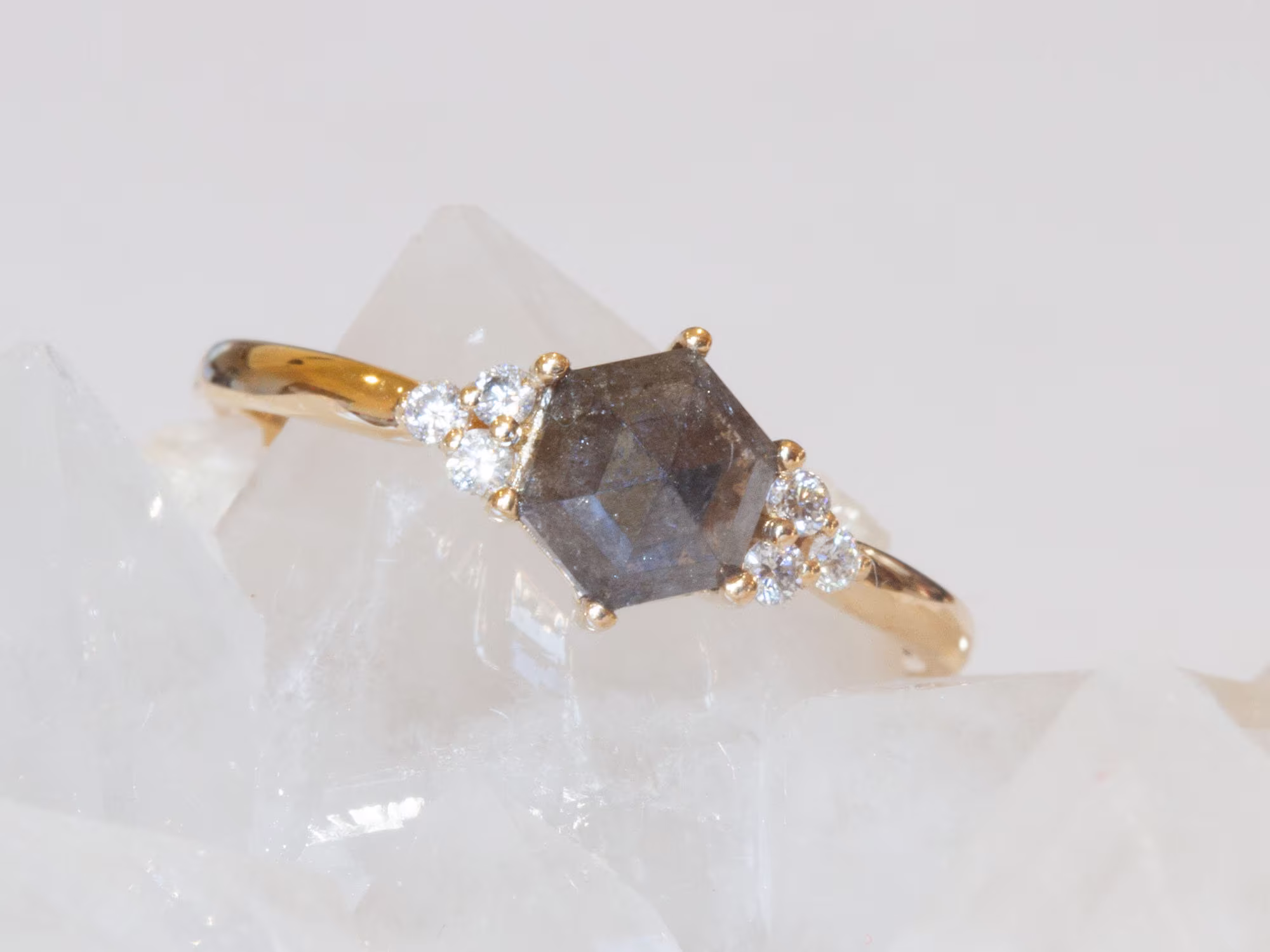 Geometric Salt & Pepper Diamond Engagement Ring, Unique Hexagon Grey Galaxy Ring - Savia