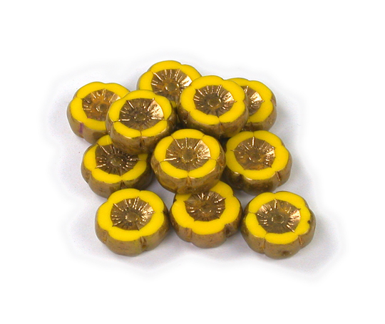 Yellow Opaque with Bronze Medium 12mm Hawaiian Hibiscus Flower Bead. Set Of 6 Or 12