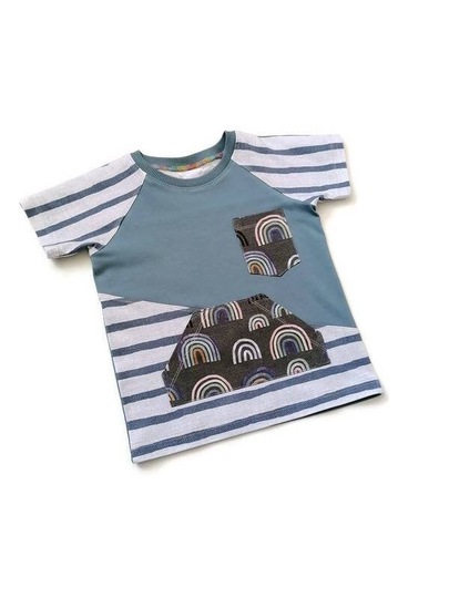 Organic Colourblock Baby To Teen Tshirt With Stripes & Rainbows, Neutral Rainbow Kids T Shirt, A Unisex Gift, Handmade UK