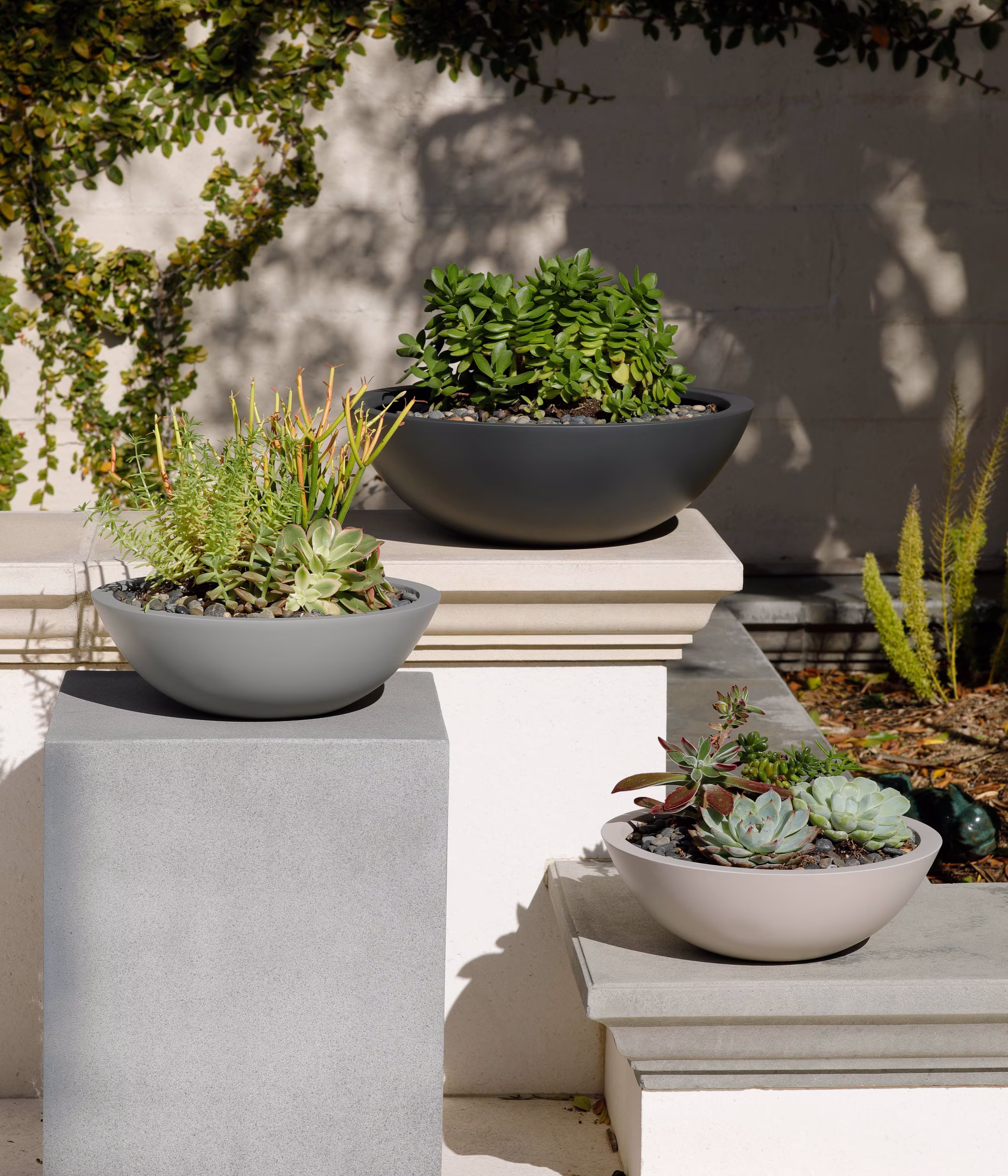 Indoor/Outdoor Large Nordic Minimalist Fiberstone Lightweight Round Low Bowl Planter Pot - 20, 16, 12Inch Matte Finish-Suitable For Succulents