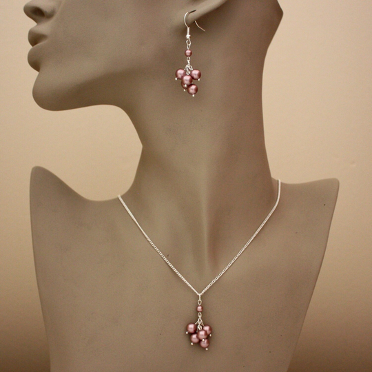 Pink Swarovski Pearls Wedding Jewelry, Powder Rose Bridal Bridesmaid Set, Silver Chain Necklace Cluster Pendant Earrings Set