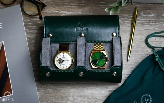 Watch Roll Travel Case Organizer - 2 For Men Storage & Display | Personalized Royale Green Swiss Motif Design