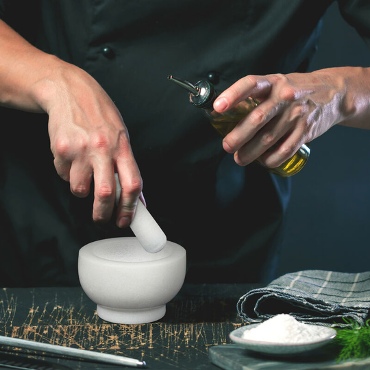Mortar with Pestle, Spices, Herbs, Polished Stone Mortar, ø 10 cm, Vol. 120 ml, Marble, White - Relaxdays