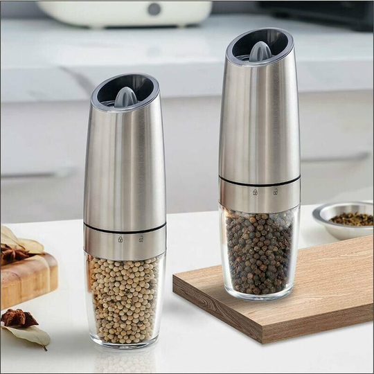 Set of 2 Electric Salt and Pepper Mills with Automatic Gravity Switch with Blue Light - Stainless Steel