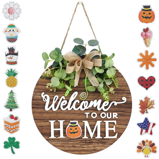 Lifcausal - Interchangeable Seasonal Welcome Sign Front Door Decoration, Rustic Round Wood Wreaths Wall Hanging Outdoor, Farmhouse, Porch, for Spring