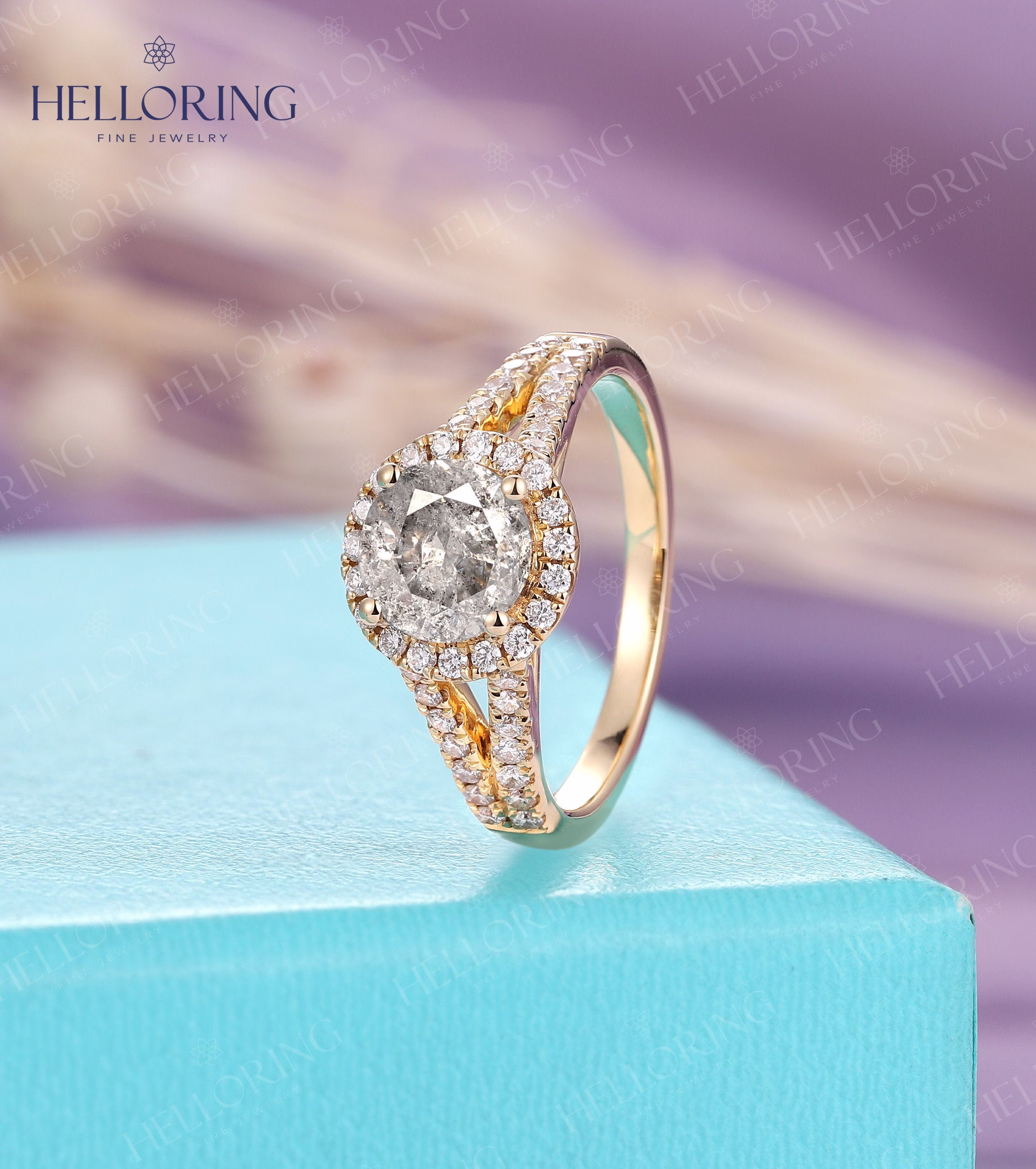 Salt Pepper Moissanite Engagement Ring Yellow Gold Wedding Halo Diamond Micro Pave Half Eternity Bridal