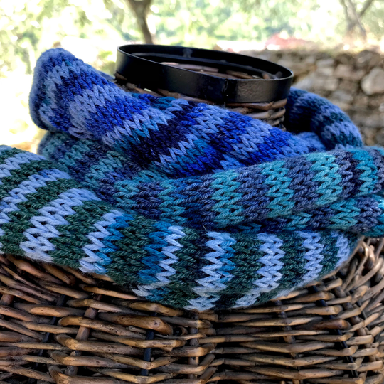 Hand Knit Italian Organic Cotton Scarf in Blues & Greens