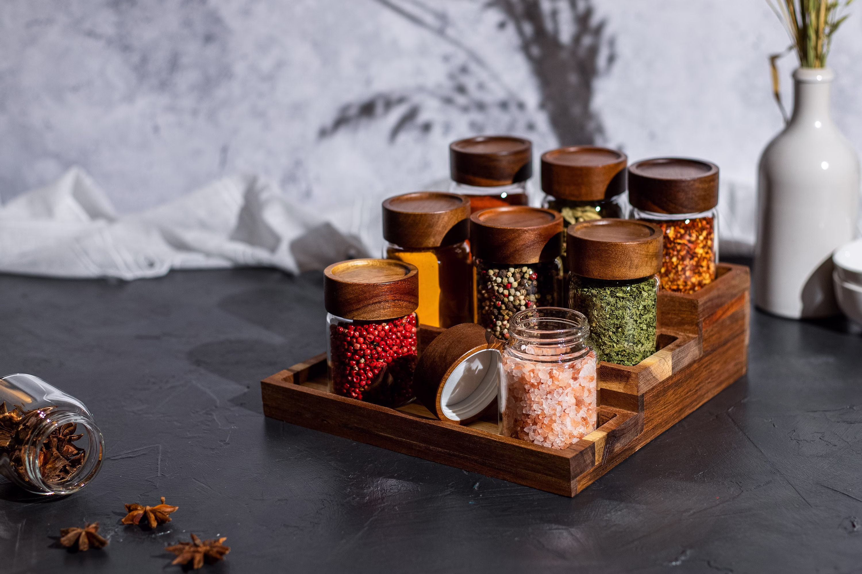 Sahara Glass Spice Jars With Natural Acacia Wood Screw Top Lids | Size 210Ml Organise Pantry