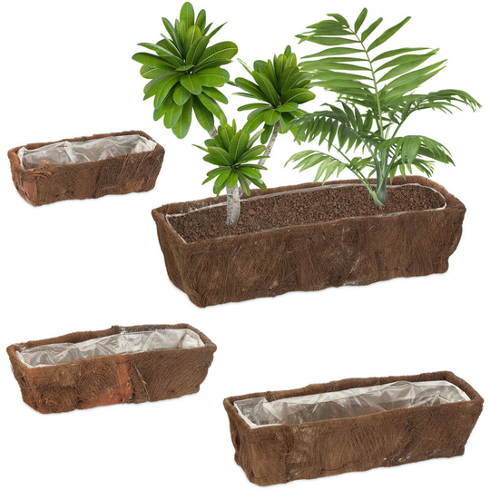Set of 4 Flowerpots, Coconut Fibre, Square, 4 Sizes, Garden, Balcony & Windowsill, Planter with Foil, Natural - Relaxdays