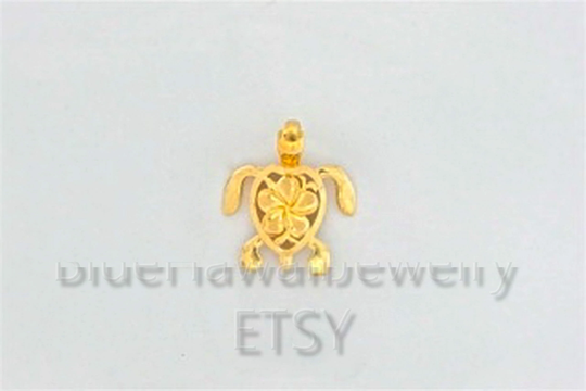 Hawaiian Heirloom 21mm Honu Sea Turtle Plumeria Flower 14K Yellow Gold Hawaii Ocean Dreams