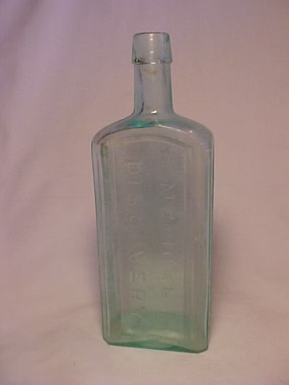 C1870-80S Dr. Kennedy's Medical Discovery Roxbury, Mass. , Aqua Blown Glass Patent Medicine Bottle, Country Primitive Decor