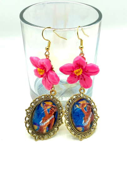 Vintage Hula Girl Hibiscus Earrings, Hawaii Kitsch, Retro Pin Up Jewelry, Nickel Free