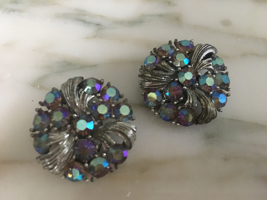 Powder Blue Clip Ons, Signed Lisner, Button Earrings, Aurora Borealis Blue, Ab Rhinestone, Silvertone Clip