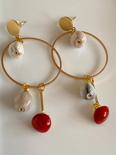 Lucky Red Mutual Love Bean Seeds & Shiny Grey Job's Tears Gold Dangle Drop Brass Hoop Earrings. Ancient Rosary Beads, Timeless & Lucky