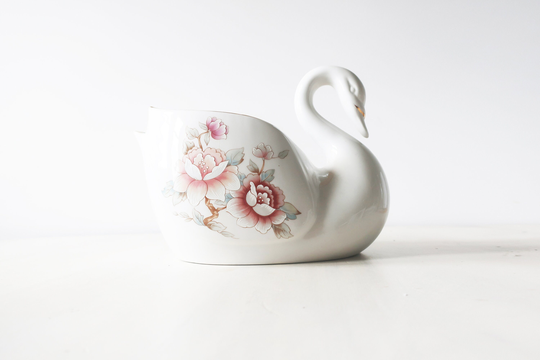 Vintage White Floral Swan Planter, China Figurine