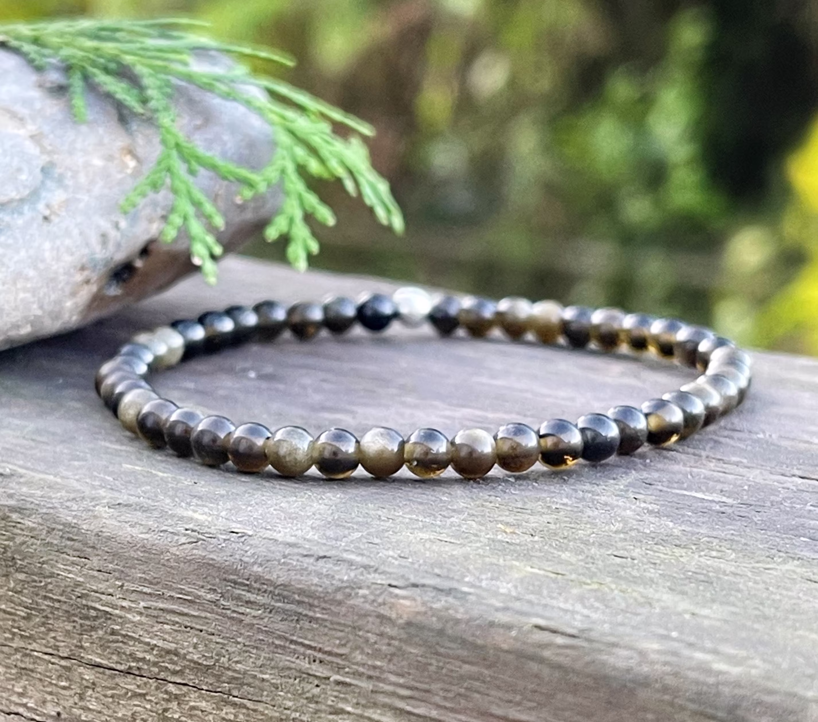Seed Bead Bracelet, Manifestation Black Golden Obsidian, Crystal Tiny Crystals, Root Chakra, Crystals For Empaths