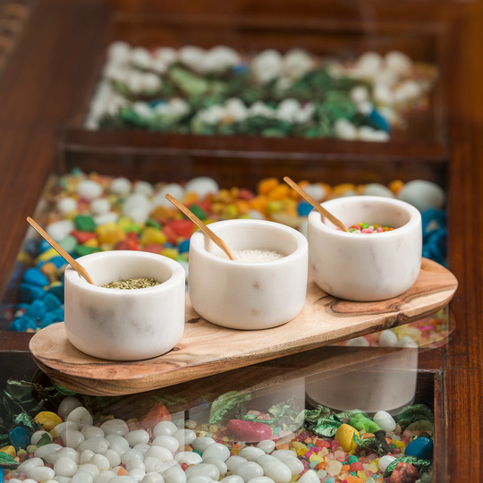 White Natural Marble Salt & Pepper Cellar Condiment Set Spice Box 3 Container With Brass Spoon