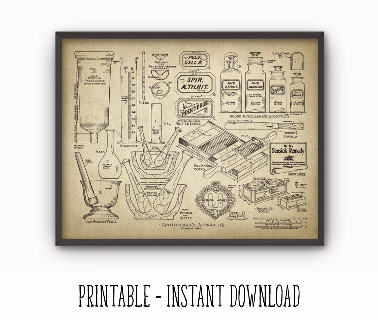 Printable Antique Apothecary Equipment Print 1860 Drugstore Pharmacist Design Pharmacy Art, Medical Student Decor Instant Download