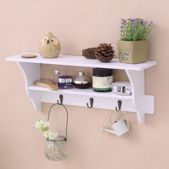 Wall Key Organizer With 2 Tier Shelves For Decor - White Holder Storage Rack Entryway, Hallway, New Home Gift