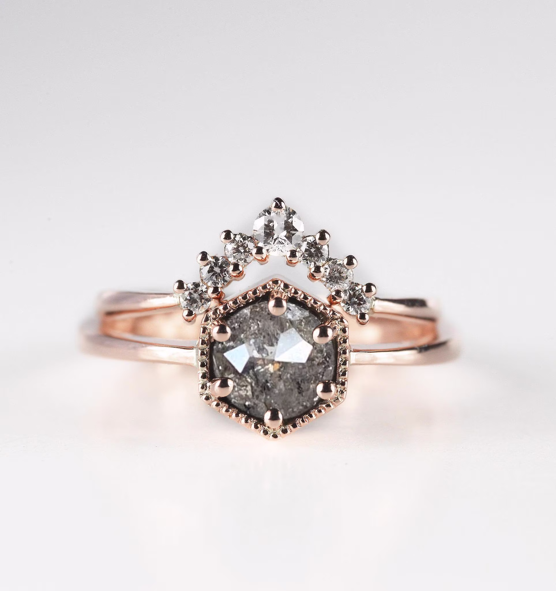 Salt & Pepper Diamond Engagement Ring Wedding Band Set | Rose, Yellow, White Gold