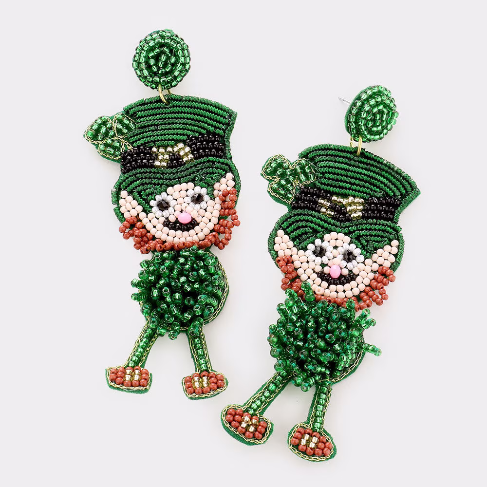 Felt Back Seed Bead St Patrick's Day Clover Irish Man Dangle Earrings