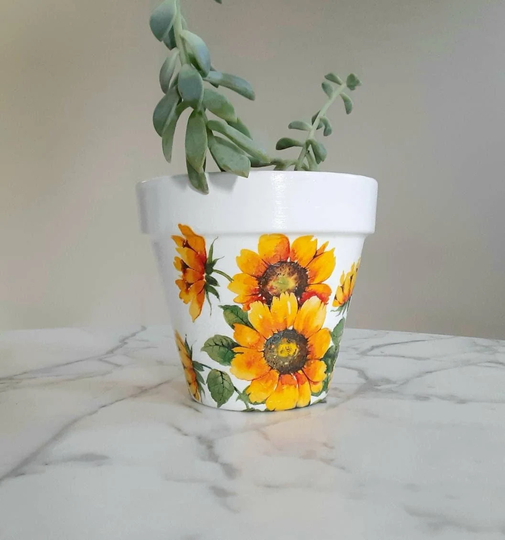 Sunflower Flowerpot-6 Inch, Planters, Gifts, Plant Pots, Decoupage Pot, Indoor Sunflowers