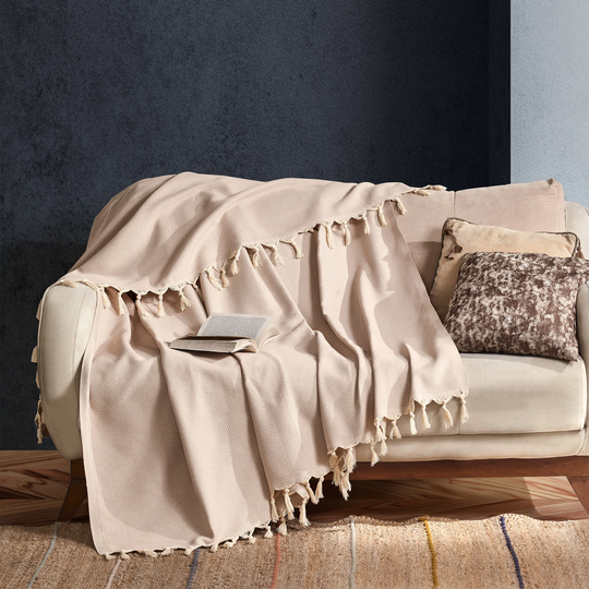 Beige Throw Blanket - Organic Cotton Bedspread Double Bed Sofa Cover 3 Seater Boho 170 cm X 230 67' X 90.5'