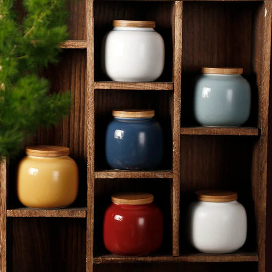 Oriental Ceramic Tea Leaf Storage Jar/Vintage Style Royal Color Glazed Crockery/Tea Ceremony Display Jar -6 Colors