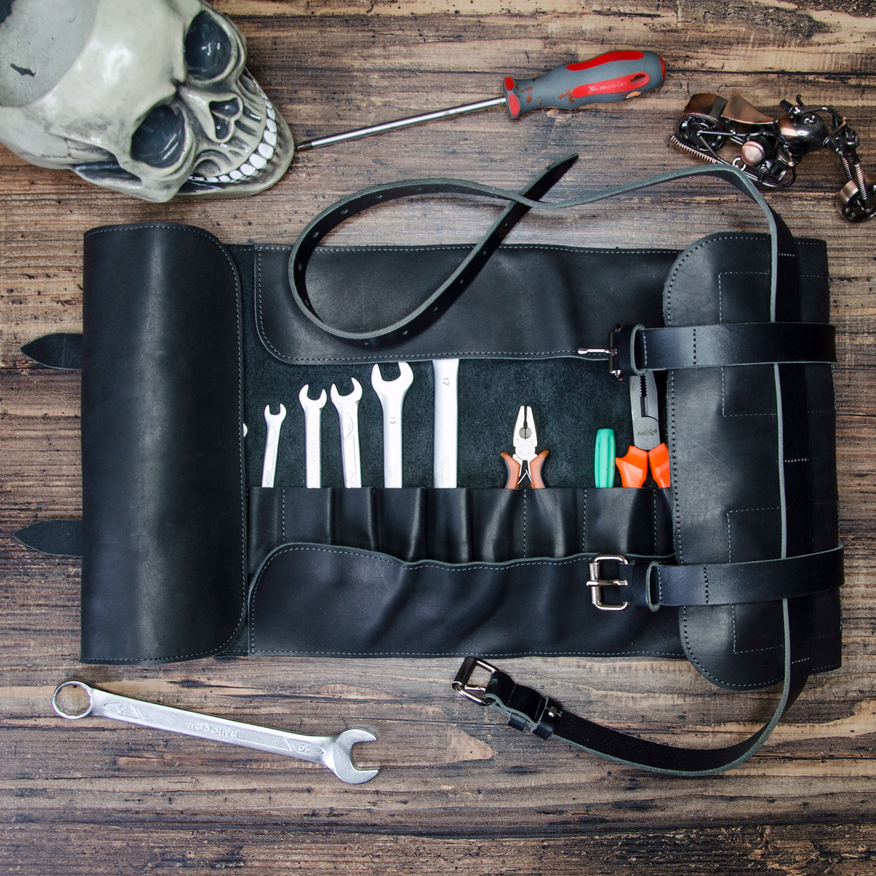Black Leather Tool Roll, Case, Organizer For Biker. Storage & Organization. Customized Present. Christmas New Year Gifts