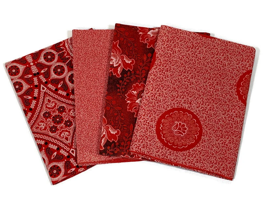 4 Piece Fat Quarter Bundle South African Shweshwe Fabric. Red White Black Assorted Patterns. 100% Cotton For Quilts, Crafts, Apparel, Décor