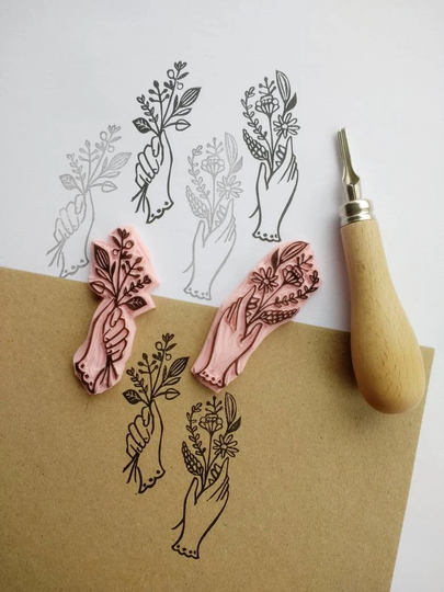 Hand Holding Flowers Stamp, Floral Rubber Dainty Hand Wild Flowers, Bunch Of Stamp