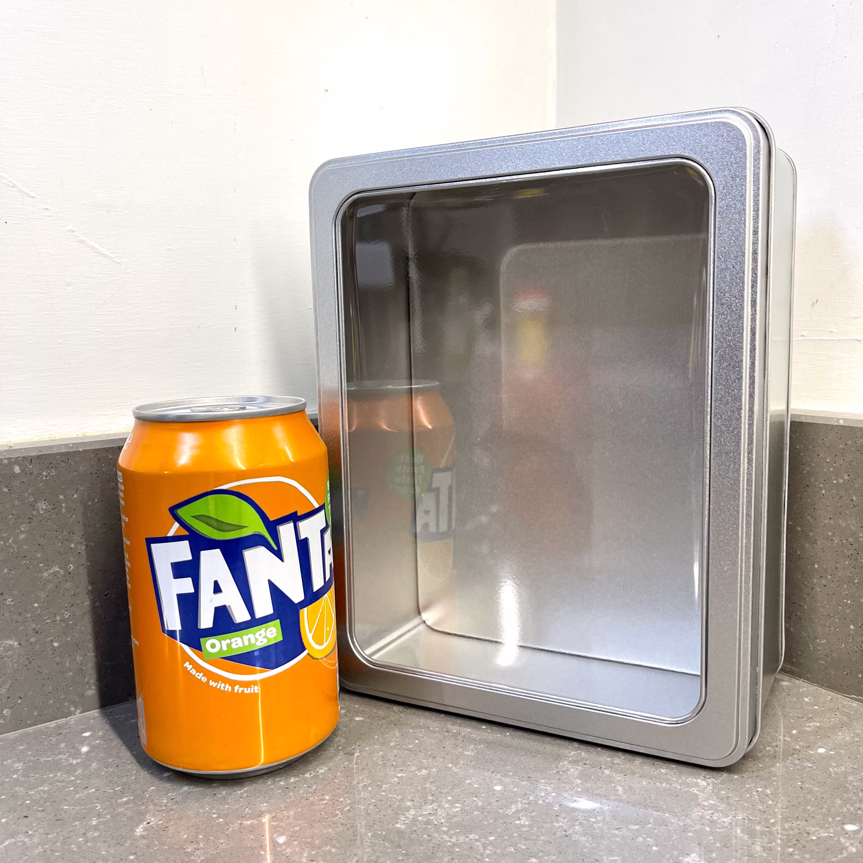 Super Large Rectangular Food Safe Tin With Hinged Window Lid. 1400Ml