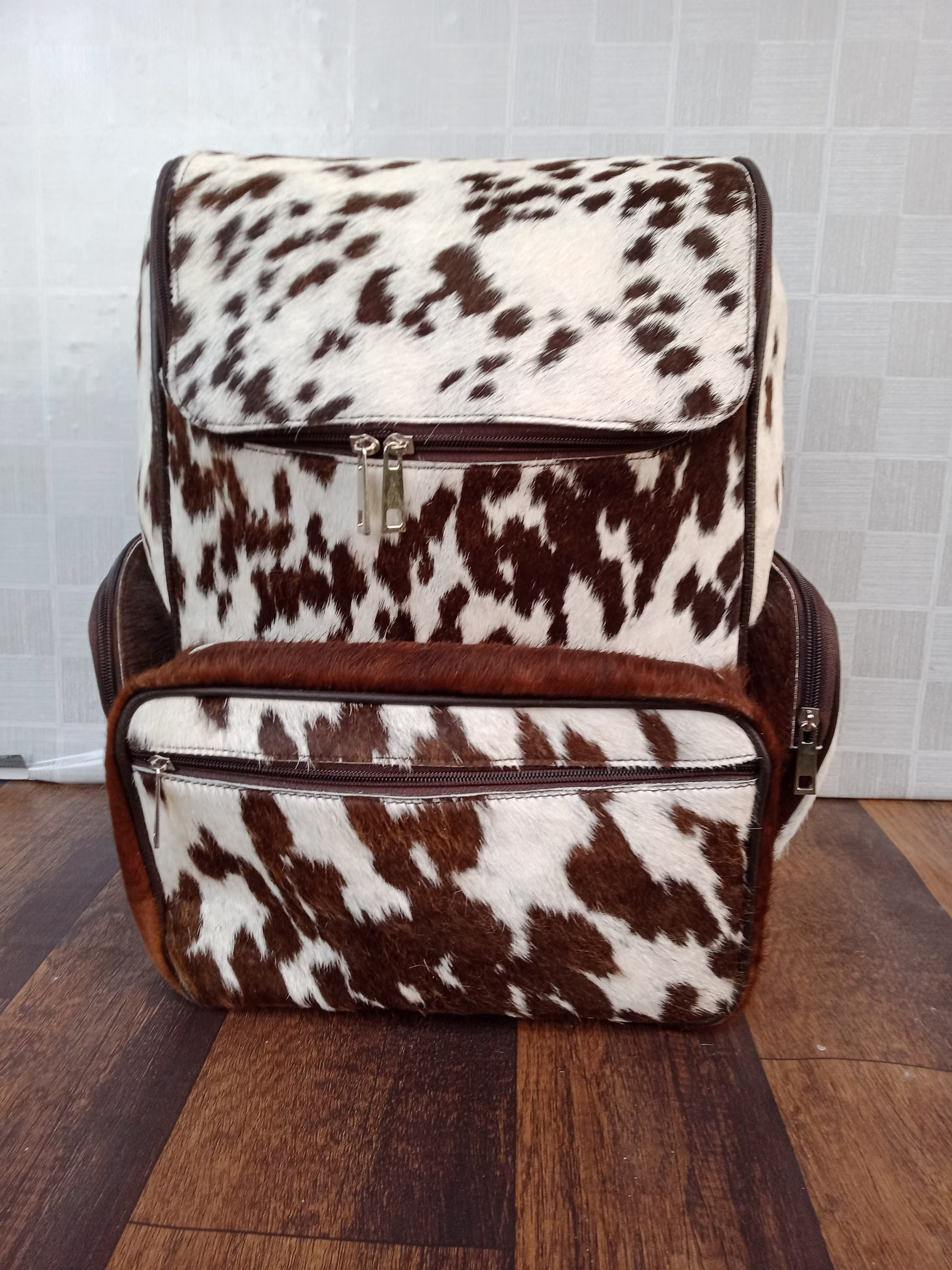 Cowhide Backpack Hair On | Tricolor Salt Pepper - Handmade Bag Cow Skin Hide Back Pack, Diaper + Insulated Bottle Carrier