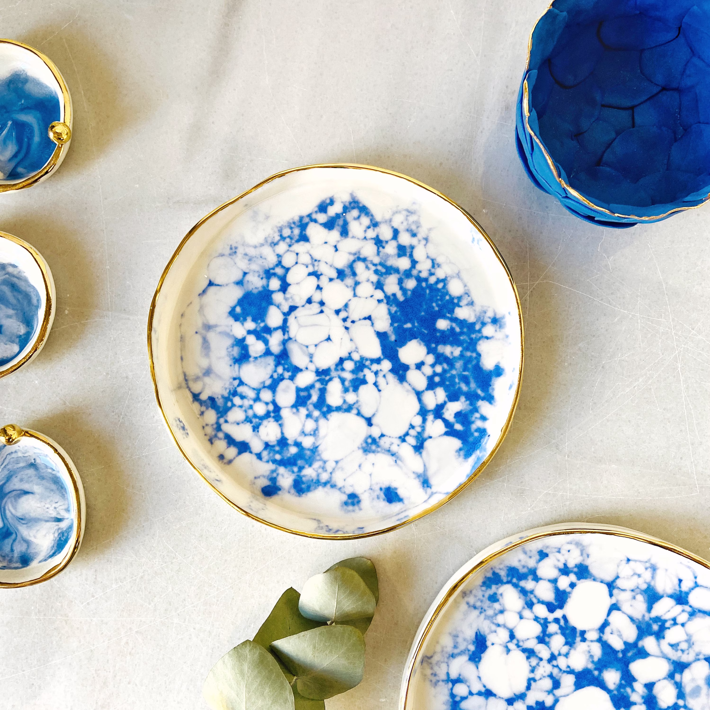 Blue Powder Porcelain Dessert Plates With 22K Gold