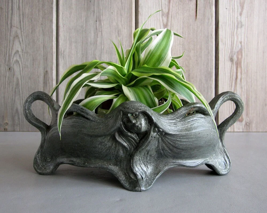 Antique Art Nouveau Metal Planter/Vintage Figurative Bowl