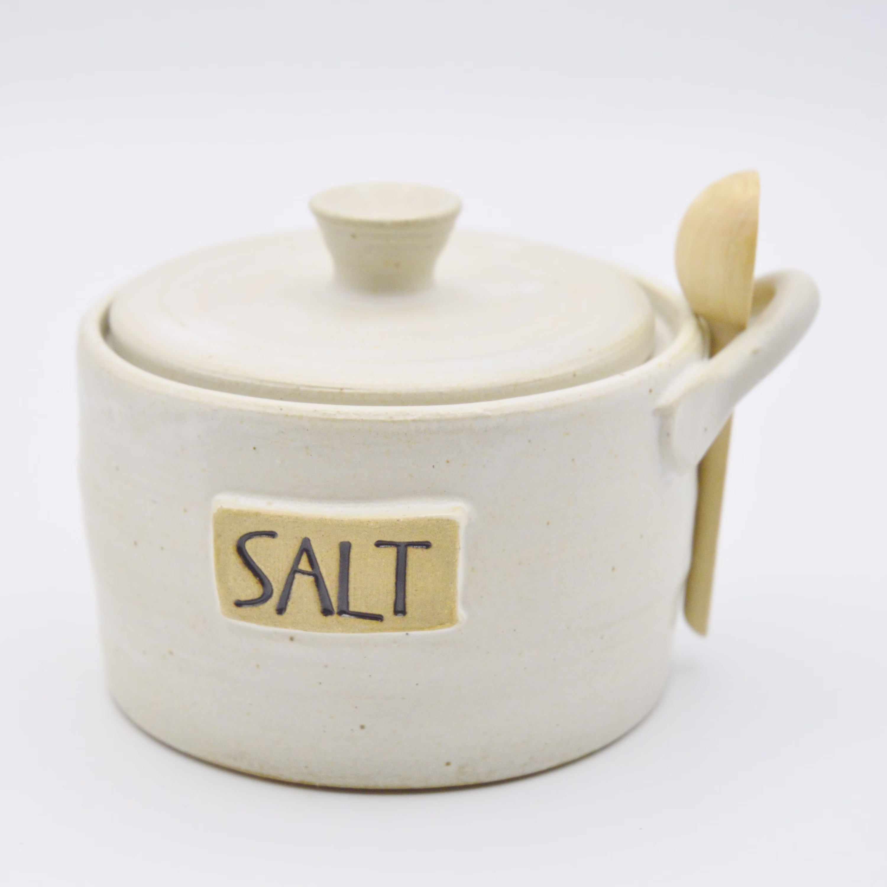 Salt Cellar With Lid & Wooden Spoon, Speckled White Stoneware Pig, Keeper, Farmhouse Kitchen Decor, Ceramic Jar