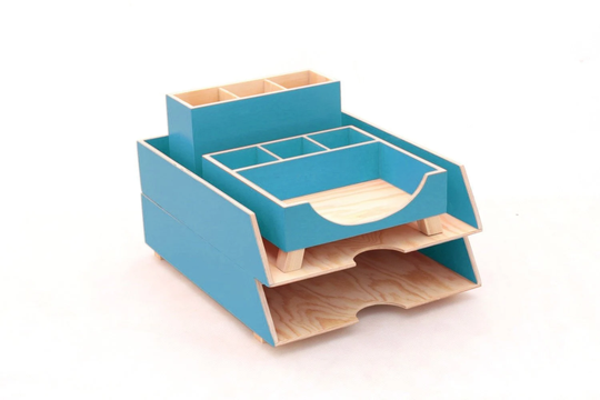 Turquoise Desk Organizer Set By Artma Studio, Office Accessories, Teal Light Color Paper Tray, Pen Holder, Plywood Kid